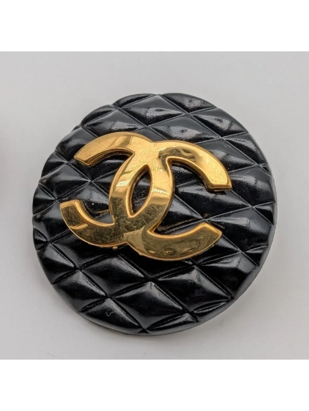 Chanel Earrings CC Logo Quilted Gold Black Round First Era Vintage